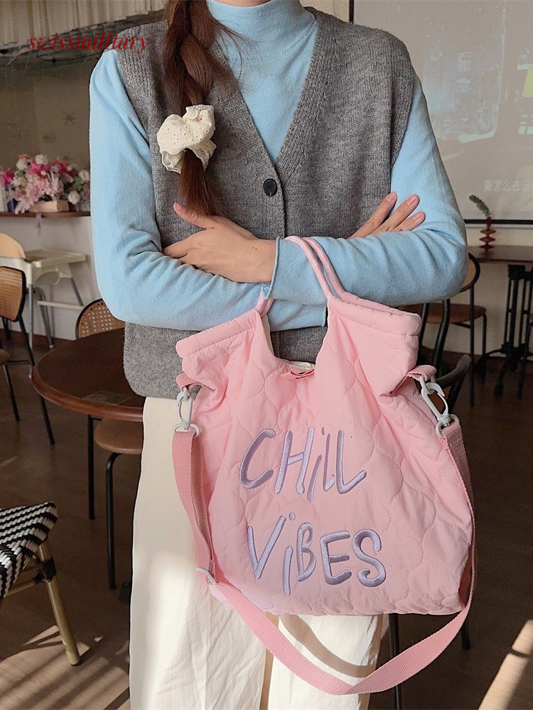 2024Autumn/Winter New Canvas Korean Edition Letter Embroidered Quilted Handbag Crossbody Bag Lightweight and Large Capacity #22 Swissmilitary