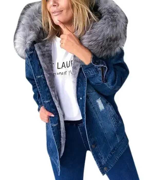 New 2024 Fashion Hooded Big Fur Collar Denim Jacket Women Casual Warm Mid-length Ripped Coat Denim Jacket for Women DenimX240920