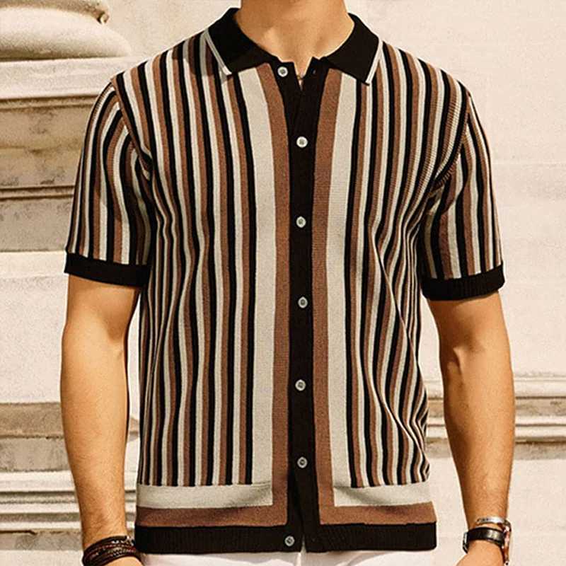 Summer Mens Light Luxury Button-down Leisure Knit Polo Shirt Popular Retro Short Sleeve Streetwear Fashion Patchwork KnitwearX240920