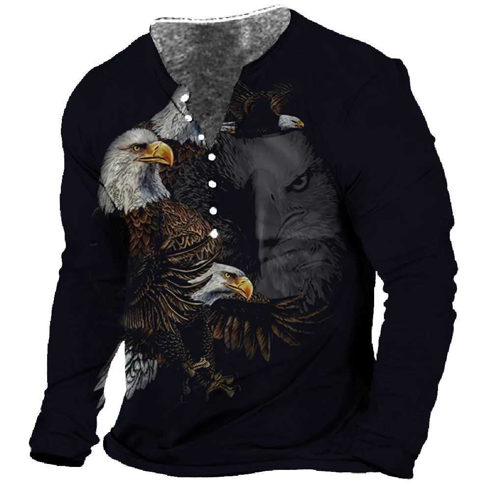Men T-Shirt Henley Vintage Eagle Motorcycle Print Long Sleeve Daily Top Harajuku Streetwear Tee Men Seven Button Tshirt PulloverX240919