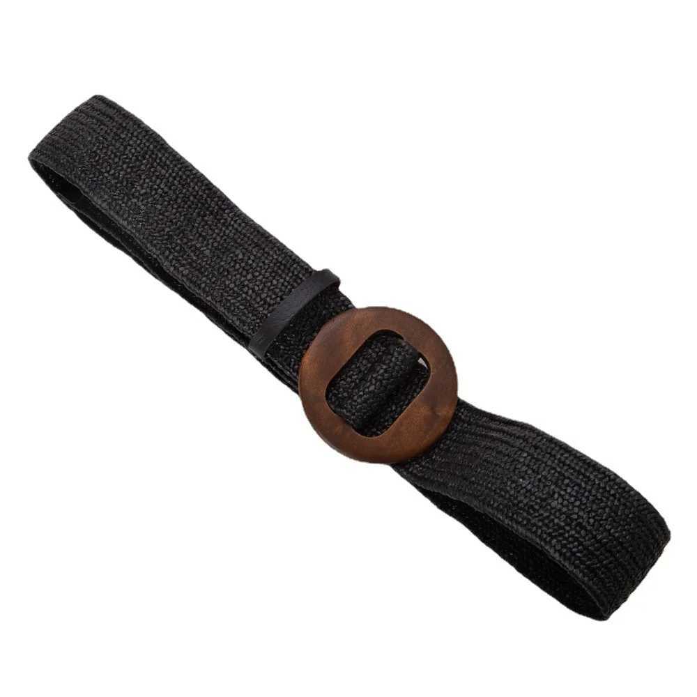 Wooden buckle jade buckle womens dress with casual womens woven broadband womens designer womens elastic PP grass strap W240920