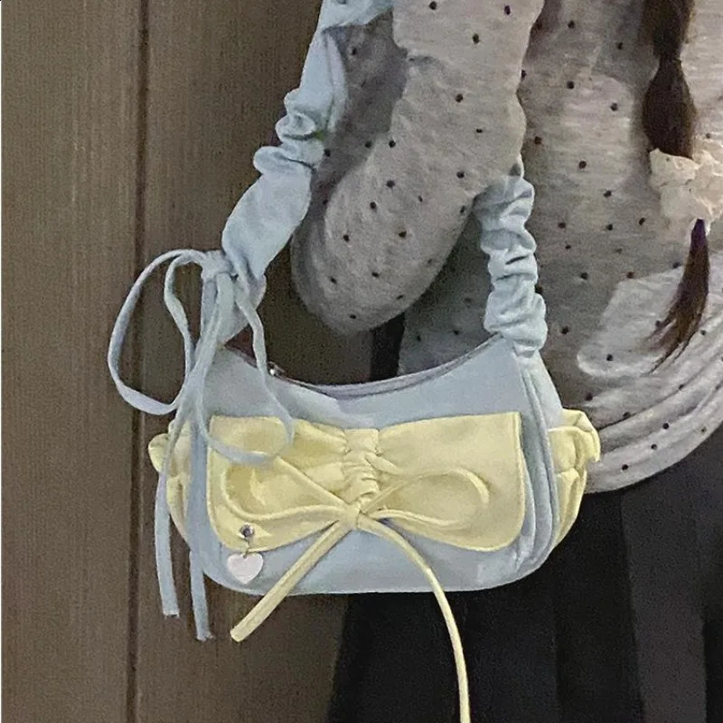 Xiuya Fashion pleated womens shoulder bag denim sweet bow cute casual handbag literature Korean ner handheld 240919