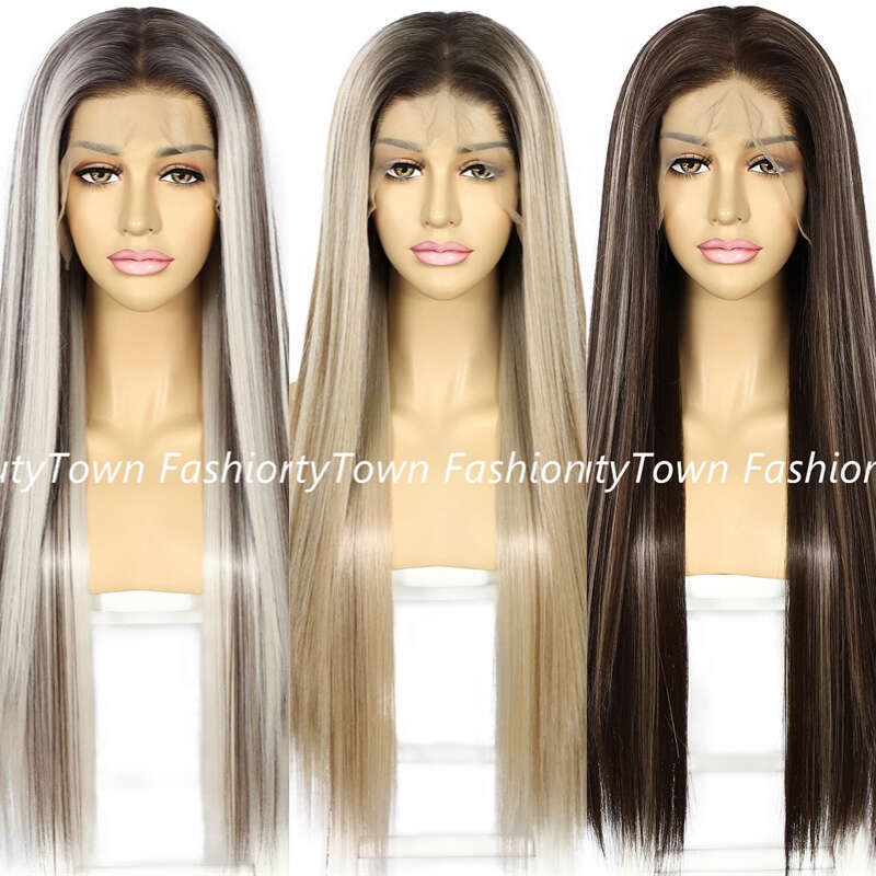 Summer 30'' 13X6 Bone Straight Synthetic Woman Wigs HD Transparent Lace Wig Prepluck Daily Wear Futura Heat Resistant Fiber Made