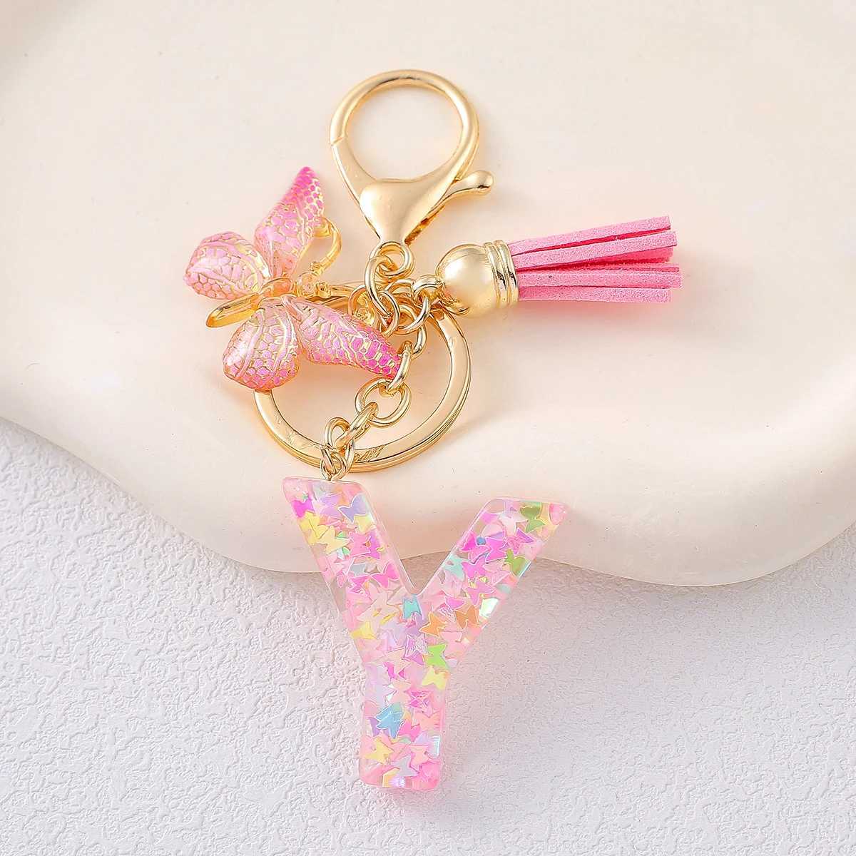 Fashionable Cute Tassel Alphabet Keychain Resin Colorful Sequins Butterfly Letter Keyring Ideal For Ladies Festive Purse CharmX240919