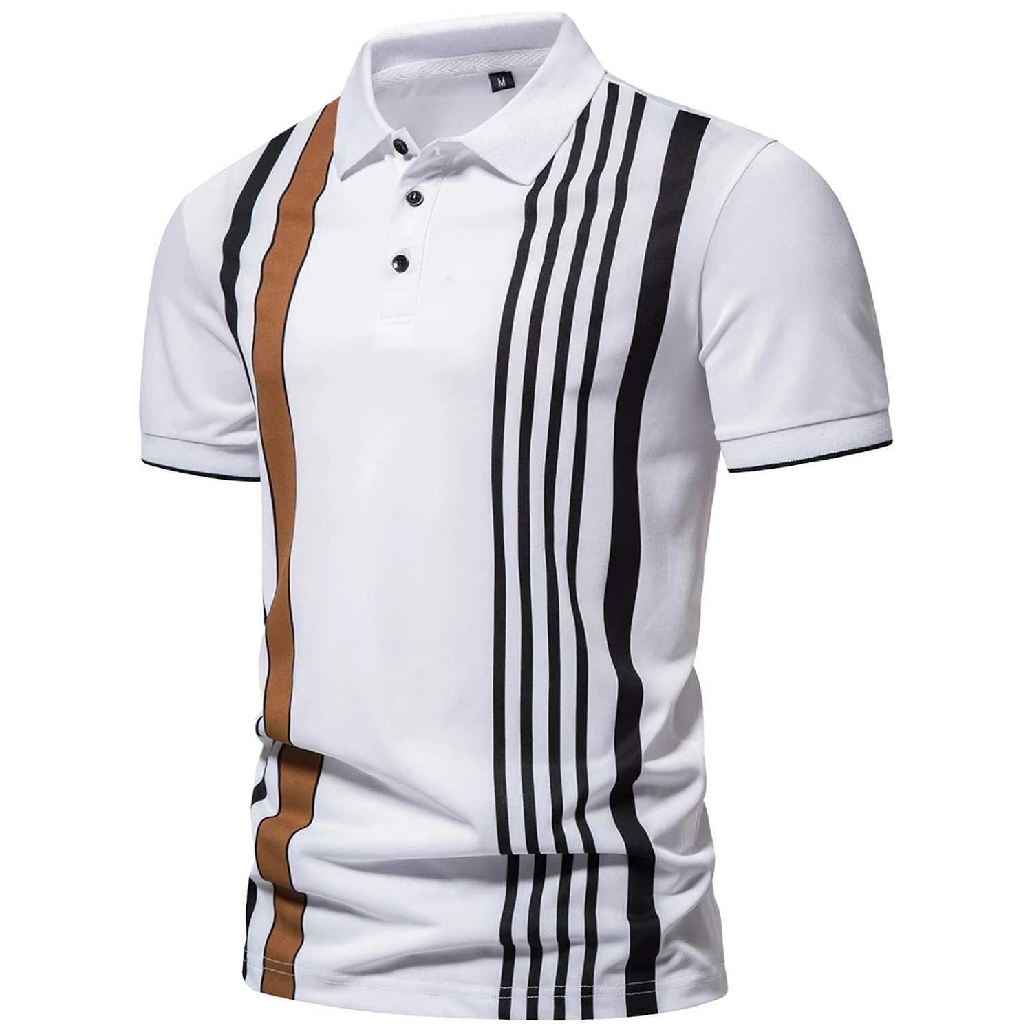 2024 New Fashion Mens Contrast Vertical Striped Polo Shirts Casual Business Short Sleeve 100% Polyester Patchwork Polos for MenX240920