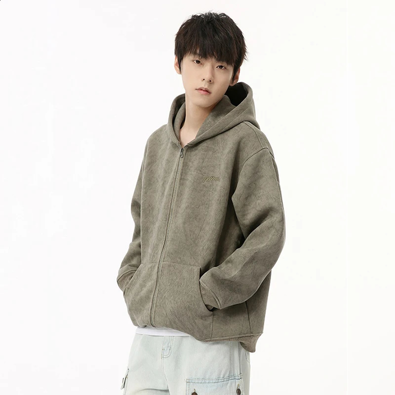 IEFB Korean Mens Hoodie Pattern Zipper Solid Color Loose Top Pulling Casual Clothing Trend Autumn 9C6861 240911