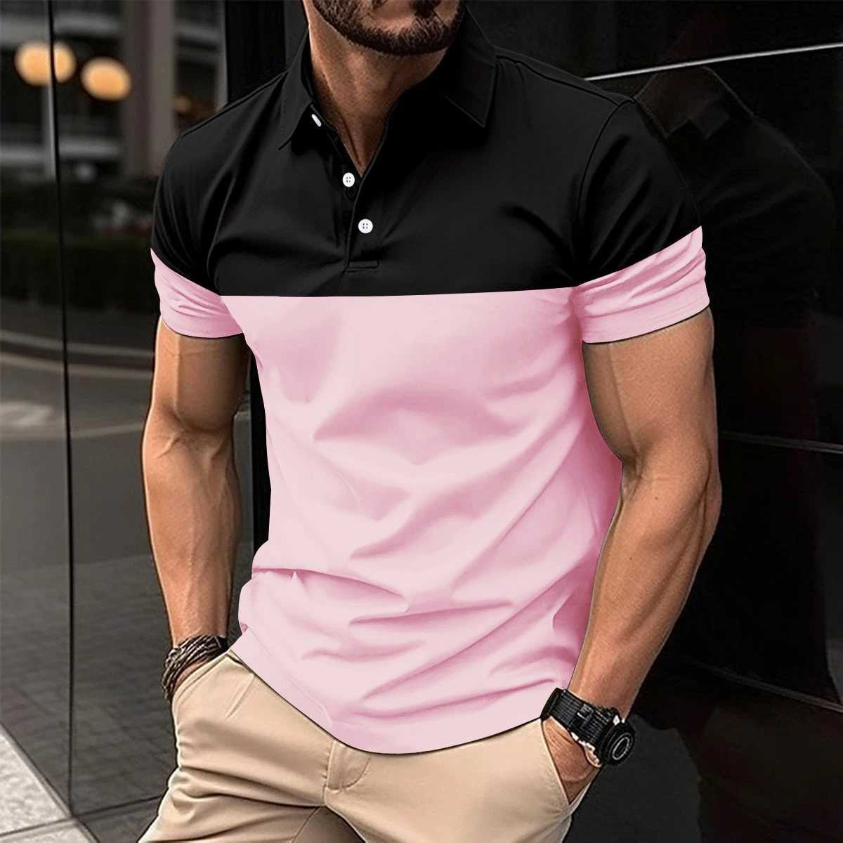 Mens casual short-sleeved polo shirt Fashion lapel button down shirt mens breathable T-shirt double color topX240920