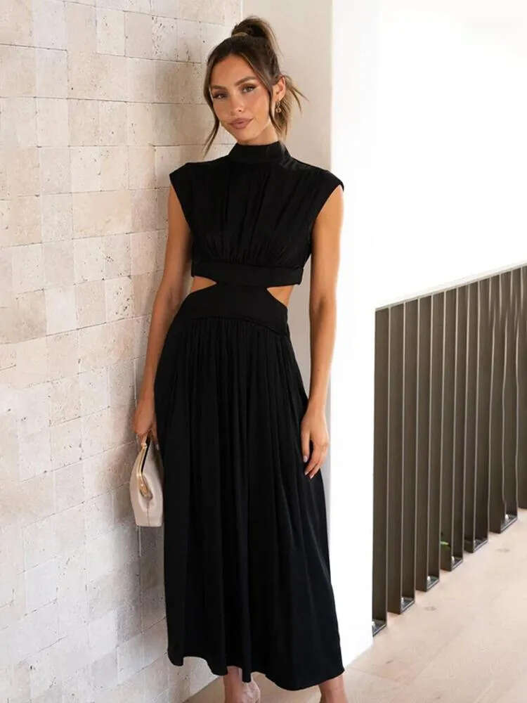Women Designer Dress Casual Adjustable Australia Dresses Solid High Waist Hollow Out For Women Summer Sleeveless Cut Dress Fashion Elegant Clothes Vac