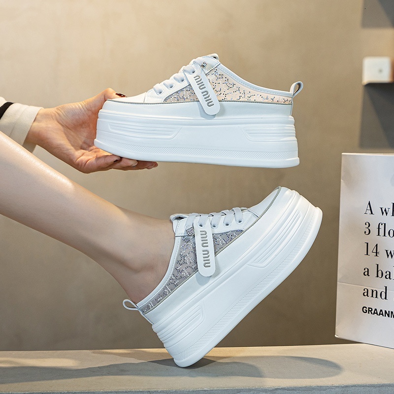 Heightened Baotou Half Slippers for Women Wearing Size 34 High Heels, 2024 Summer New Thick Sole, Small stature, 8cm Mesh Sier K