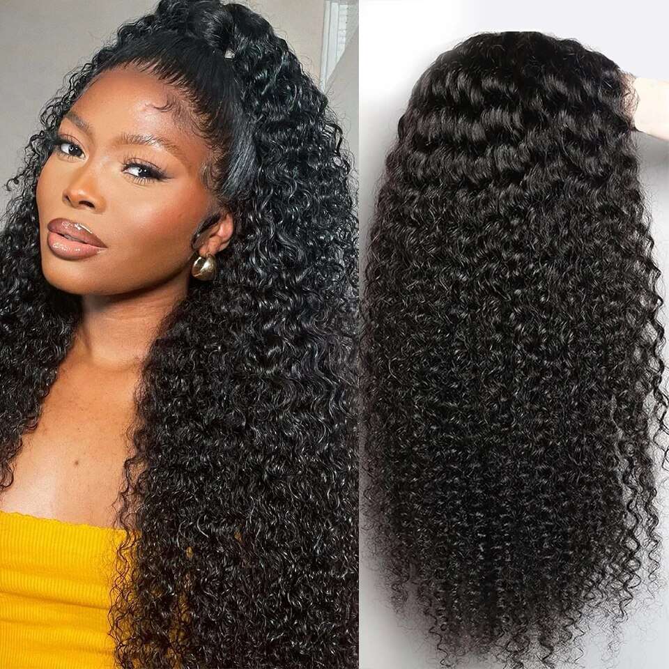 Kinky 4X1 1X4 T Part Wig Transparent Lace Closure Human Hair Wigs Brazilian Remy 150% Preplucked Curly Wave For Women