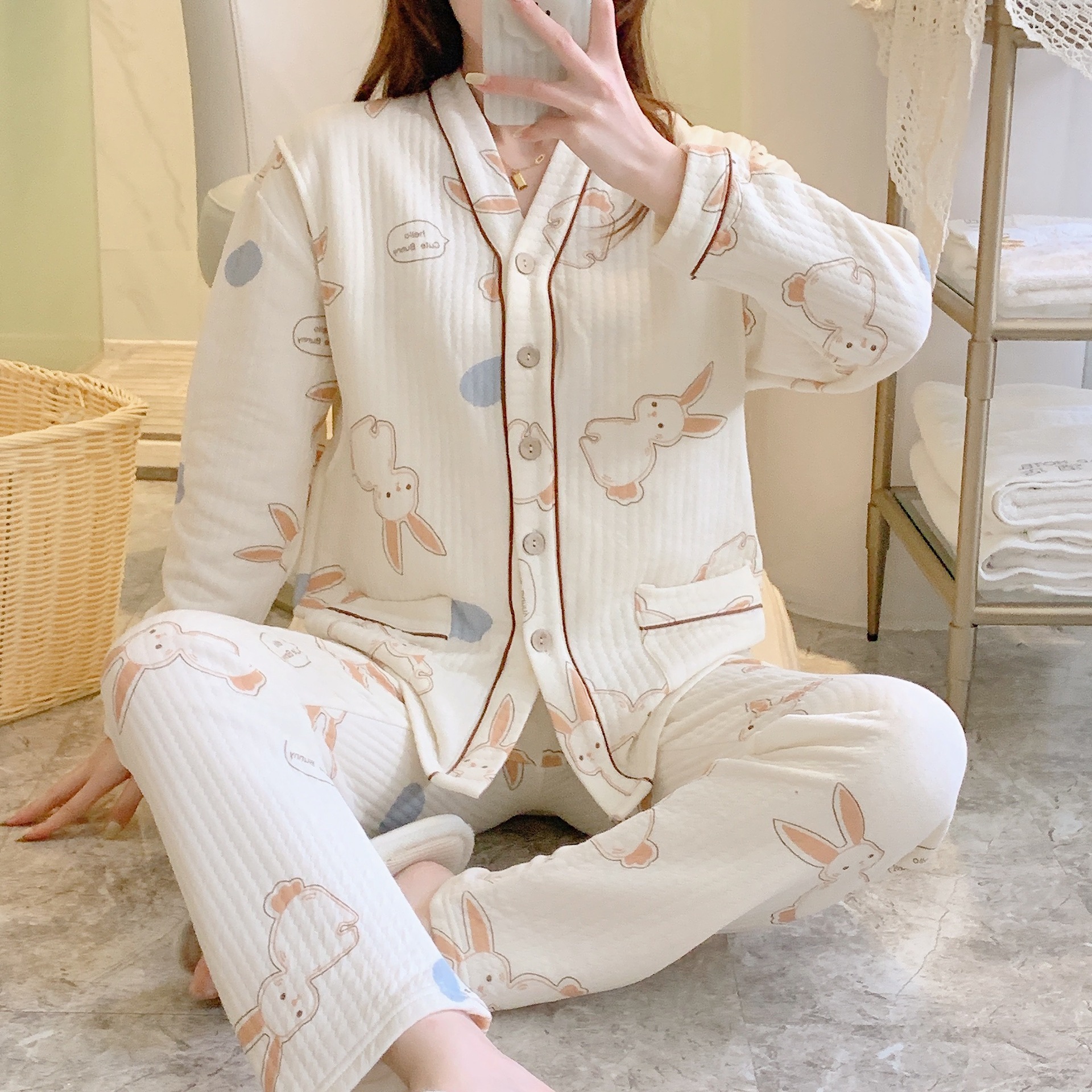 2024 Multiple Autumn/Winter Air Layer Postpartum Clothes with Three Layers of Cotton and October Set for Pregnant Women, Breastfeeding Sleepwear