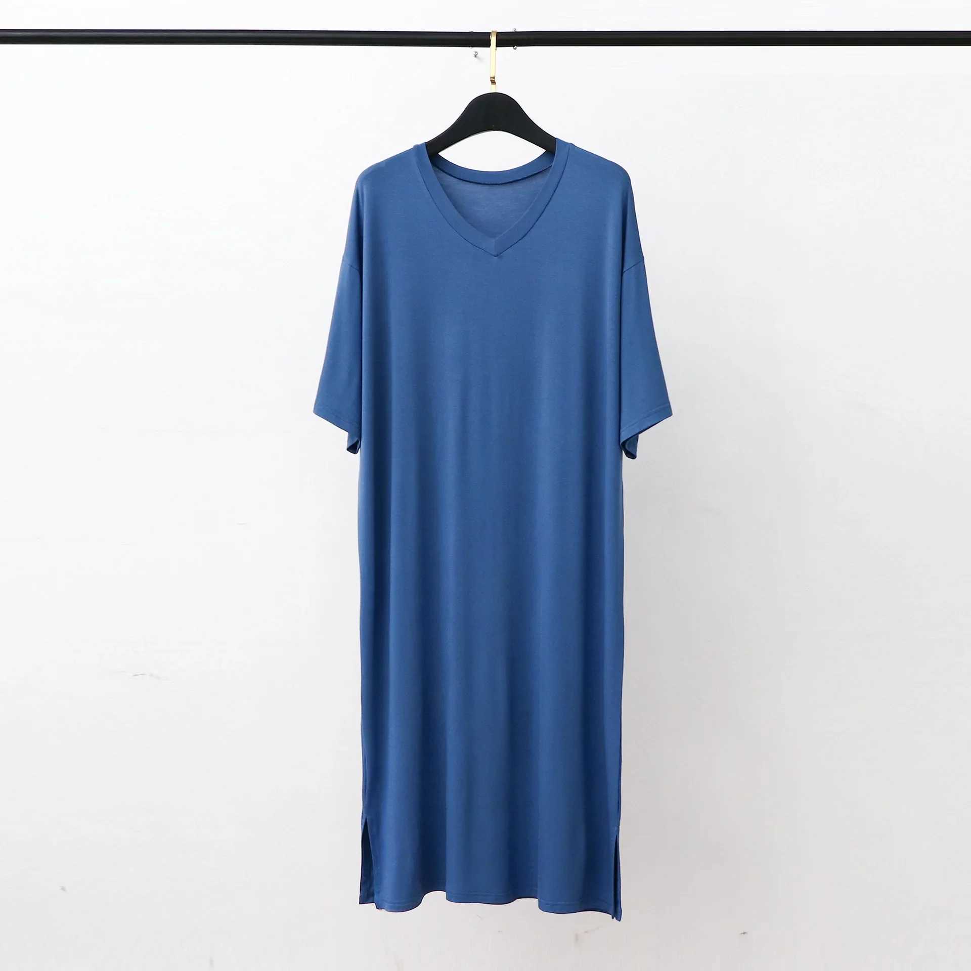 Modal Pajamas Home Clothes Mens Short-sleeved V-neck Mid-length One-piece Nightgown Loose Large Size Mens Cotton Bathrobe Y240919