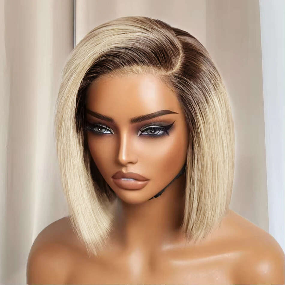 Put On & Go Blunt Cut Blonde Straight Bob Wigs Minimalist HD Lace Frontal Glueless Wig Human Hair Ready To Wear C Part