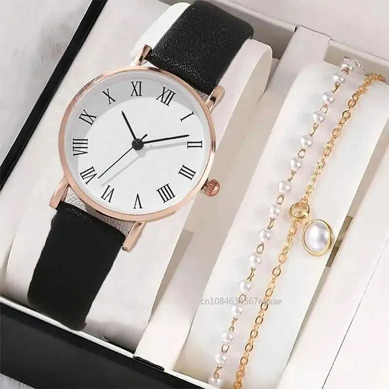 2/1Pcs Fashion Women Leather Strap Quartz Watch Elegant Pearl Bracelet Fashion Wristwatch Casual Ladies Watches Bracelet SetX240920