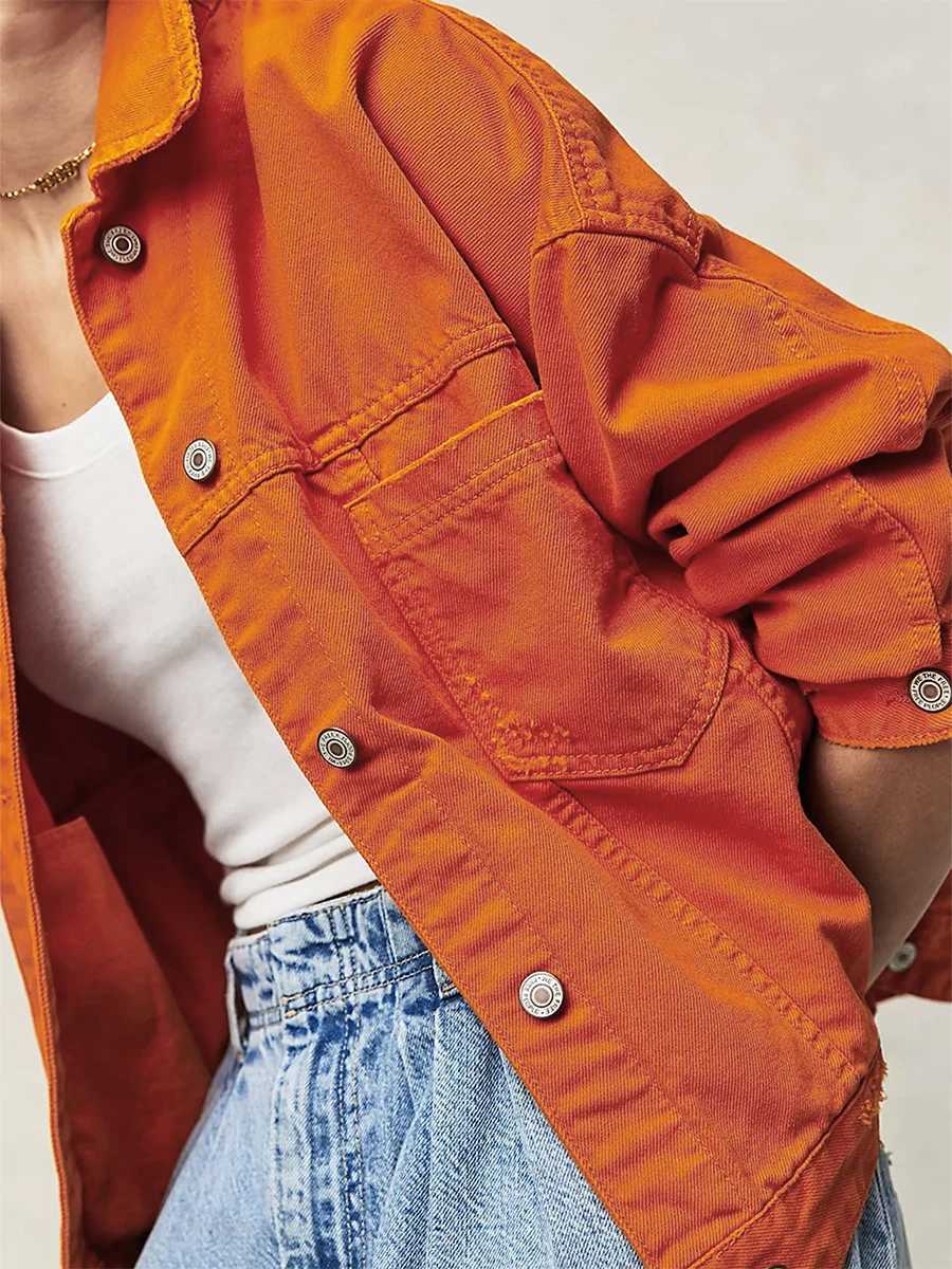 Women Denim Jacket with Pockets Long Sleeve Turn-down Collar Button Closure Solid Color Spring Fall Loose Coat StreetwearX240920