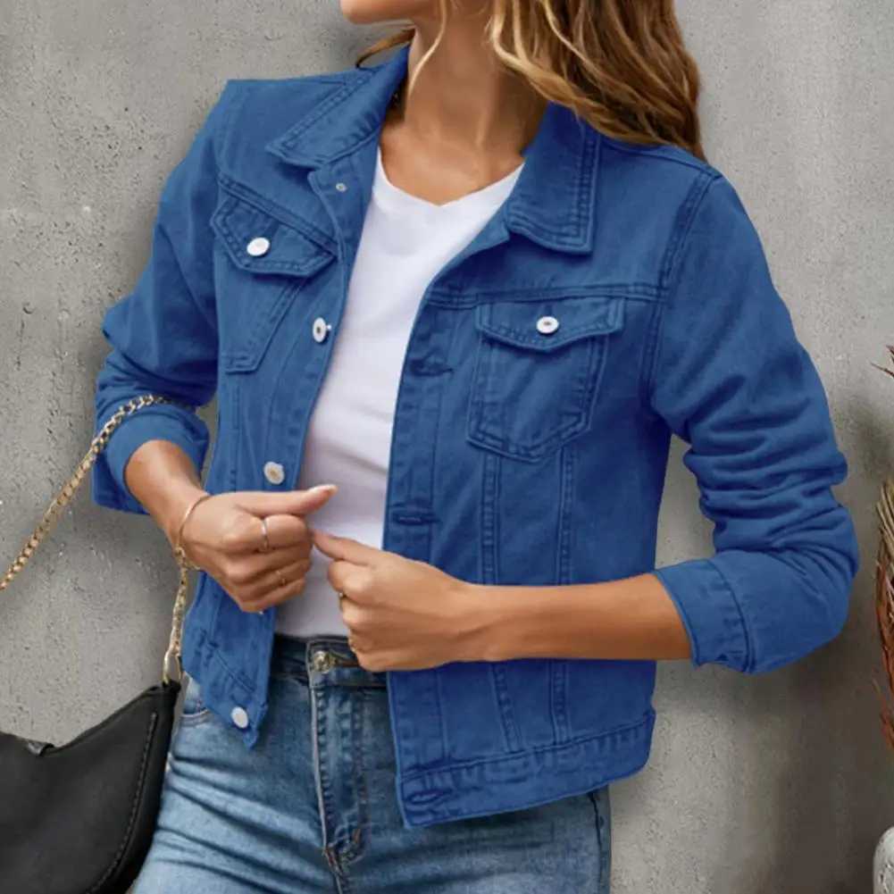 Women Denim Jacket Single-breasted Solid Color Lapel Flap Pockets Cardigan Warm Buttons Slim Fit High Street Women CoatX240920