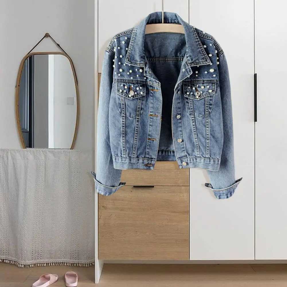 Chic Women Denim Jacket Cool Keep Warm Colorfast Imitation Pearl Easy to Match Women Coat Lady Denim Jacket Beads DecorX240920