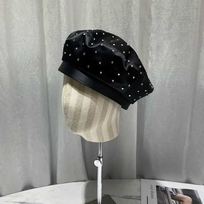 2023 New Satin Rhinestone Beret Cap Womens Fashion Black Painter Hat Spring and Autumn Octagonal Hats Newsboy Gorras CasquetteX240919