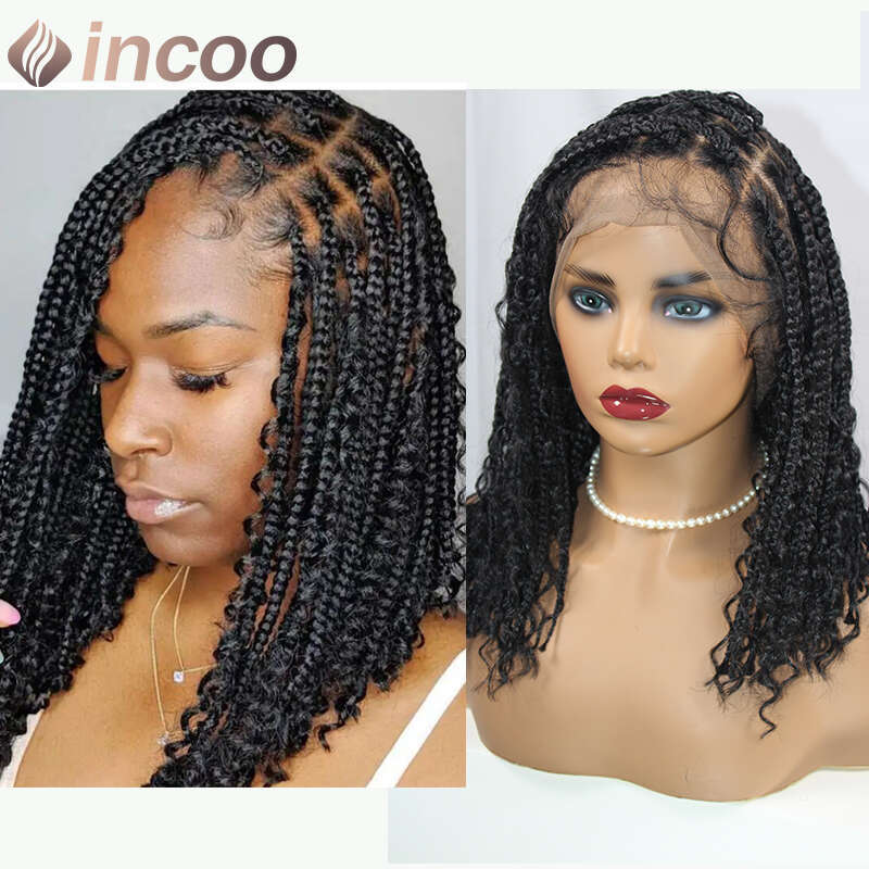 12 Inch Short Bob Braids Goddess Boho Knotless Braid Transparent 360 Full Lace Curly Synthetic Wig Pre-Plucked Baby Hair