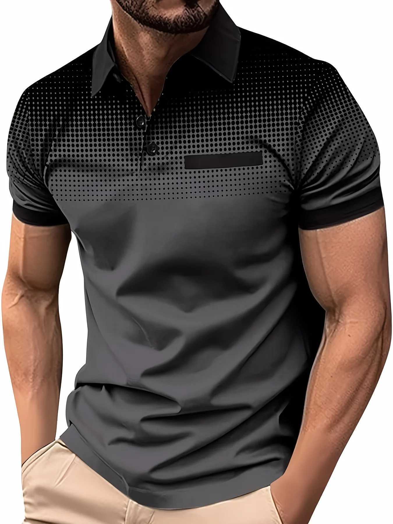 Mens Stylish Gradient Color Short Sleeve Shirt - Lapel Collar 1/4 Button Closure Simple Print Polo ShirtX240920