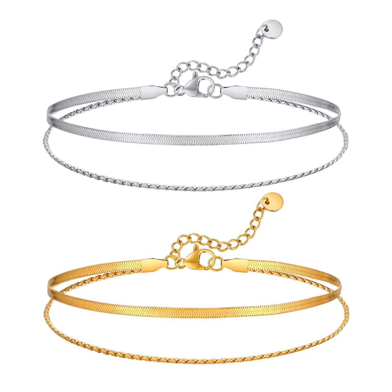 Double Chain Layered Snake Anklet Bracelet on Leg Stainless Steel Foot Chain Adjustable Summer Beach Anklet for Women Girls Y240920