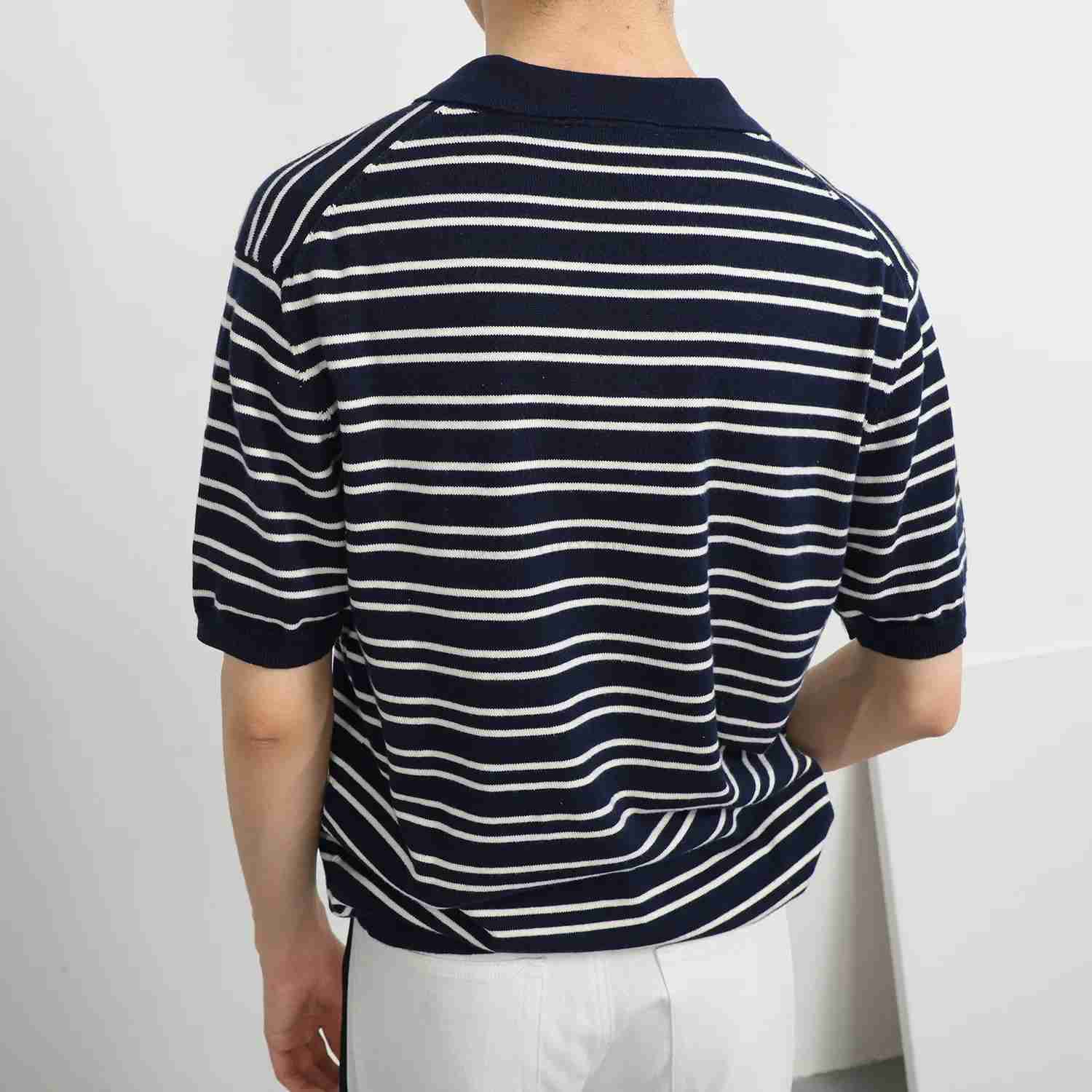 2022 Summer New V-neck Ice Silk Striped Polo Shirt For Men Short Sleeves Trendy Versatile Simple Fashionable Lapel T-shirtXJ240920