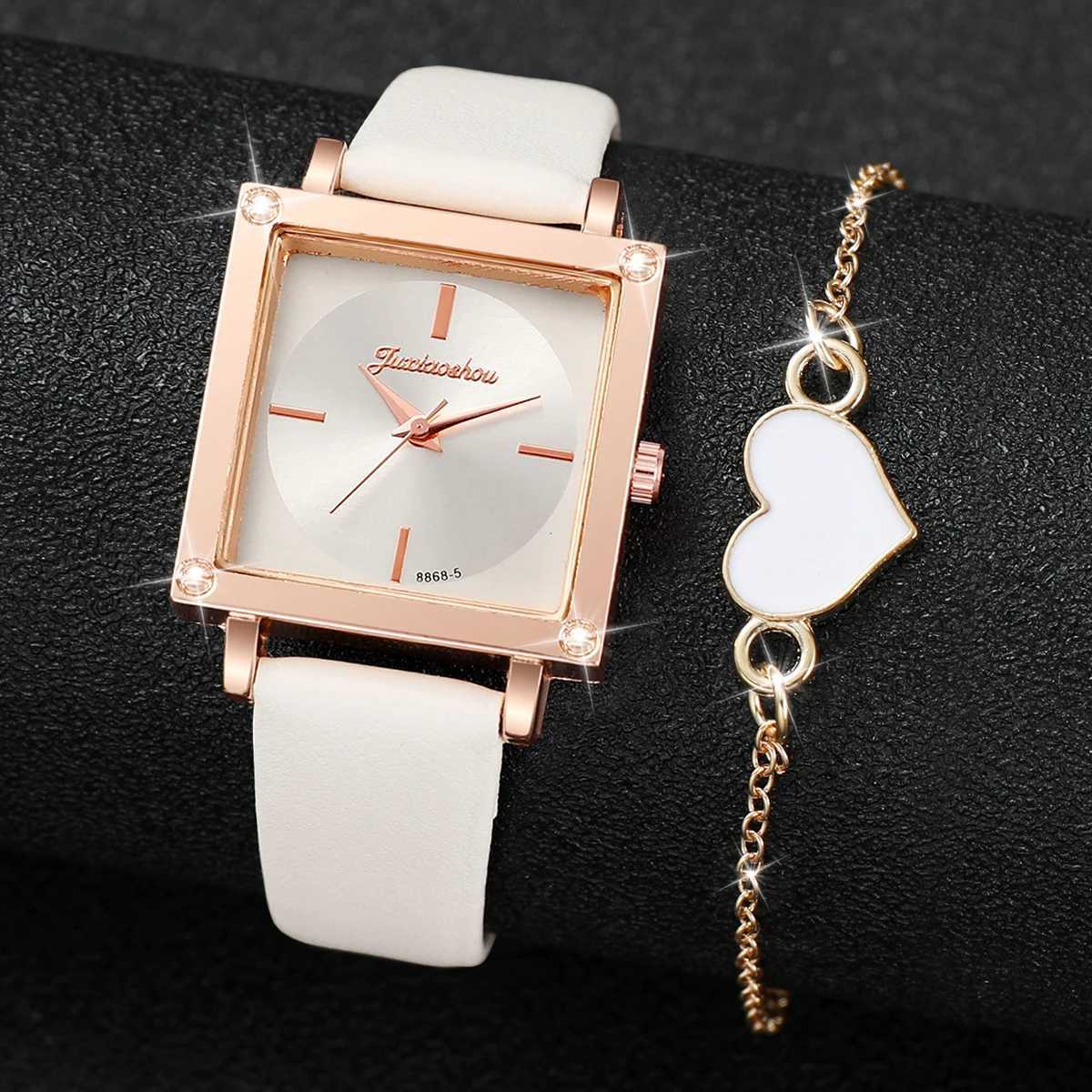 2pcs/set Women Leather Strap Aquare Dial Quartz Watch with Heart-shaped BraceletX240920