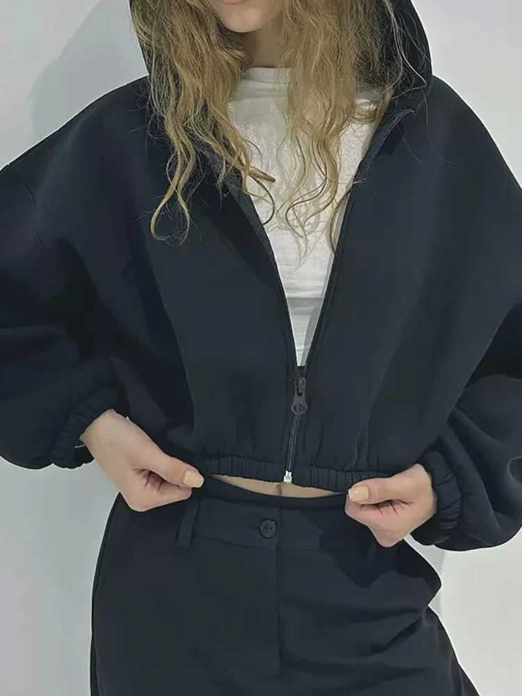Hooded Long Sleeve Solid Jackets Women Autumn Winter Patchwork Loose Short Coats New Casual Simple Ladies Outerwear StreetwearX240920
