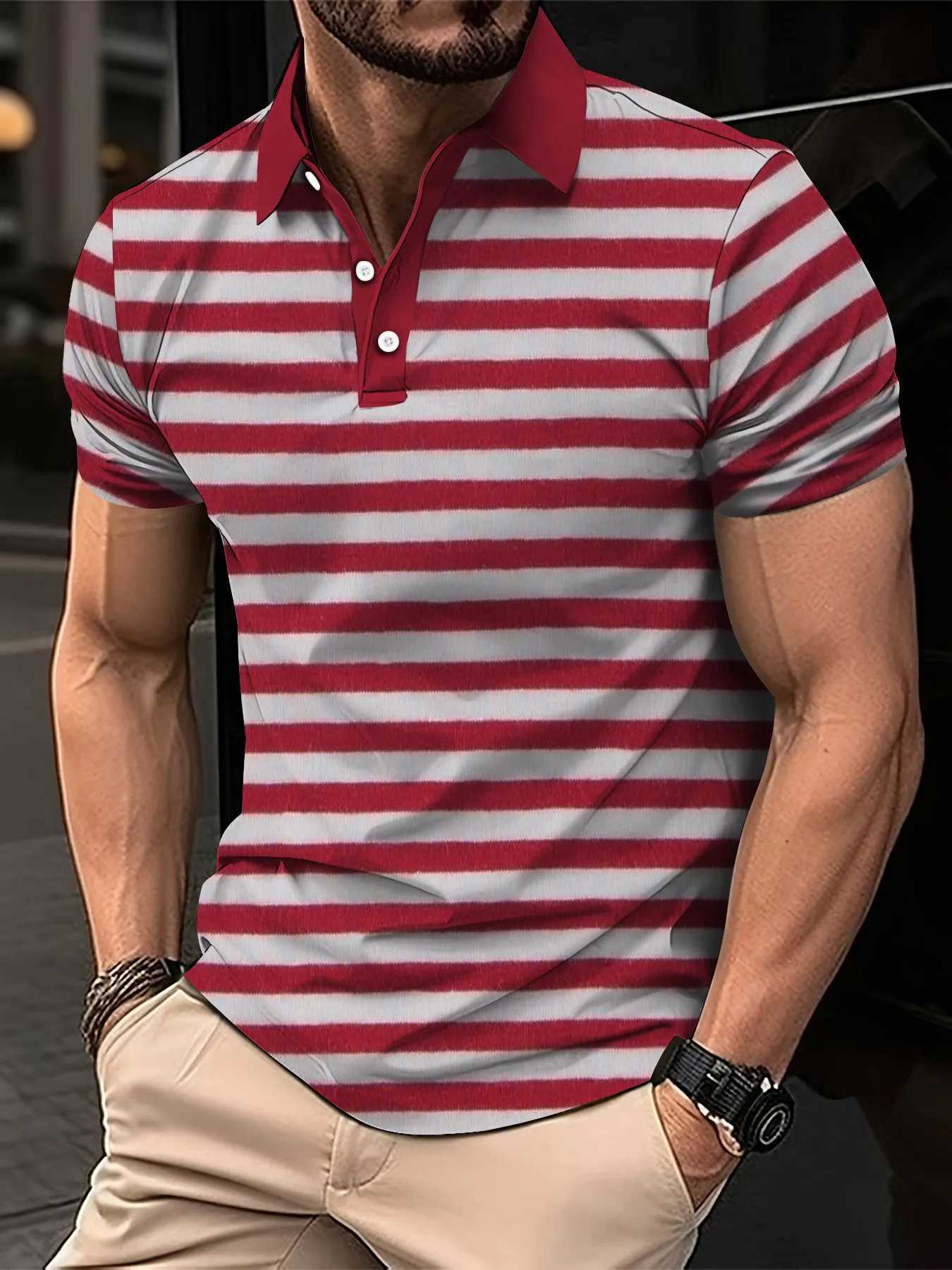 2024 New Mens Summer Short Clothes Sleeved Lapel 3D Digital Printed Striped Polo Shirt Mens Business Casual Top ClothesX240920