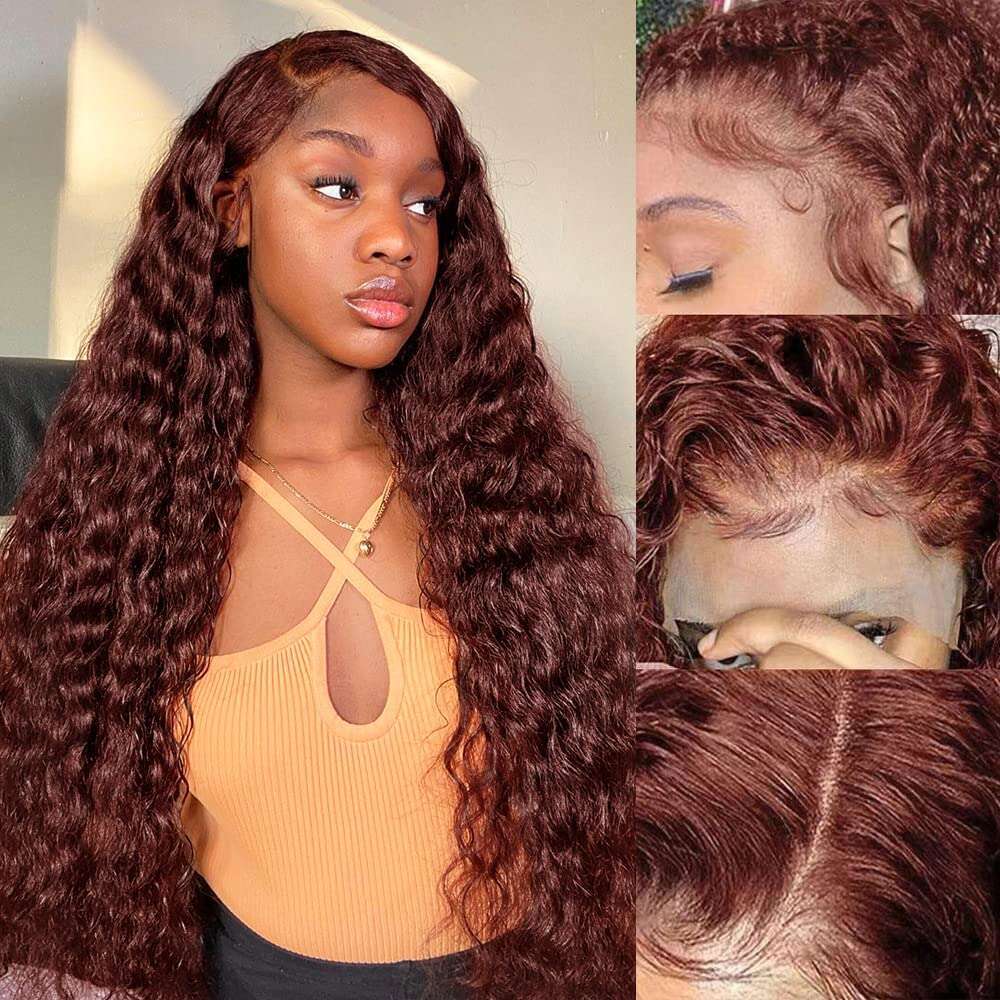 Reddish Brown Wave Front 13x4 13x6 Deep Human Hair Copper Red HD Curly Lace Frontal Wigs Preplucked