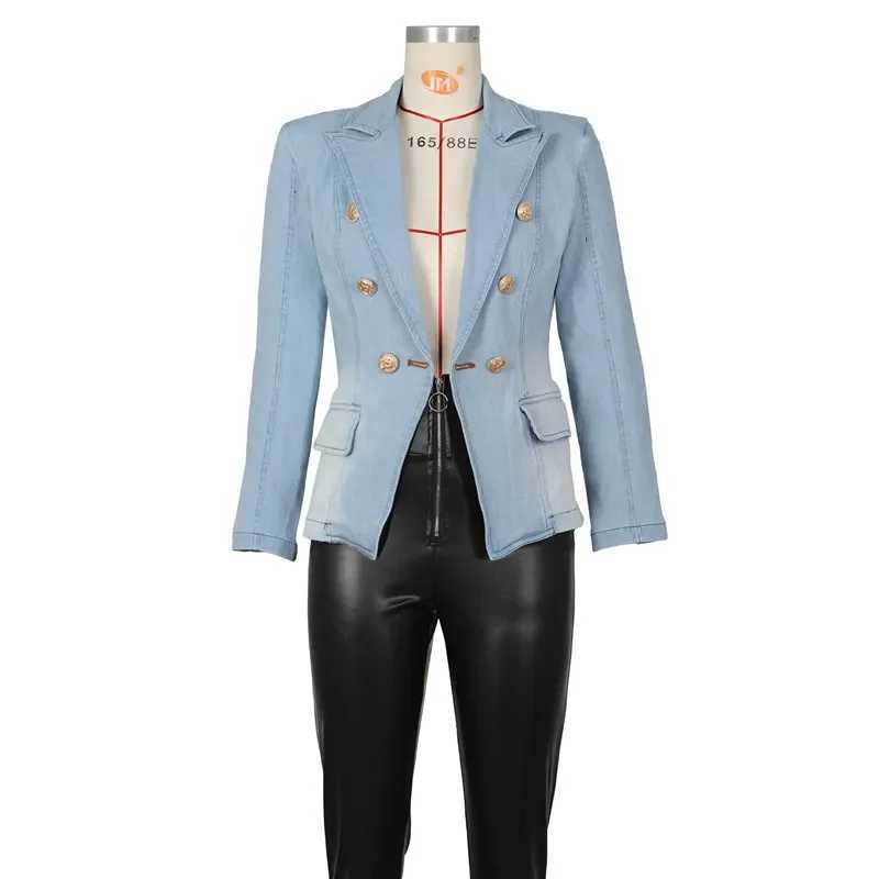 High Quality Women 2023 New Fashion Slim Casual Denim Coat Jackets Streetwear Full Sleeve Double Breasted Sexy Blue Jean JacketX240920