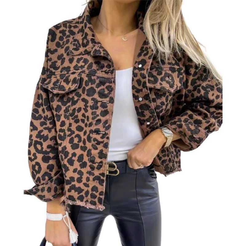 Women Fashion Chic Leopard Print Denim Jacket Autumn New Lapel Cardigan Coat Casual Outerwear Female Urban Office Commuter WearX240920