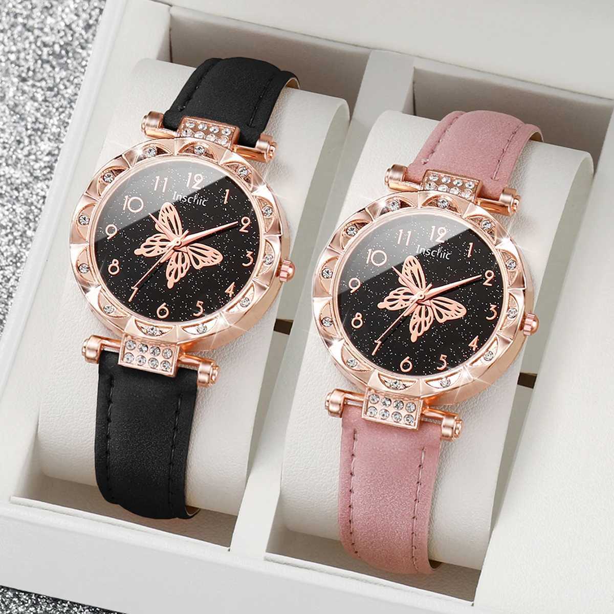 2PCs/Set Women Butterfly Dial Watch Black Pink Color Leather Strap Quartz WatchX240920
