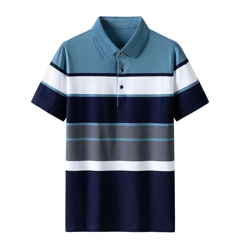 Business Casual Mens Polo T-Shirt Summer Short Sleeves Tops Stripe Print Button T Shirt Oversized Clothing Fashion Polo ShirtsXJ240920