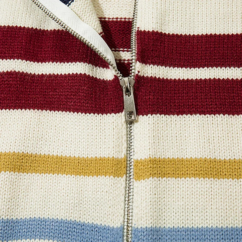 Autumn Striped Cardigan Men Harajuku Zipper Stand Neck Casual Sweaters Fashionable Korean Loose Jumpers Spring Couple Streetwear 240919