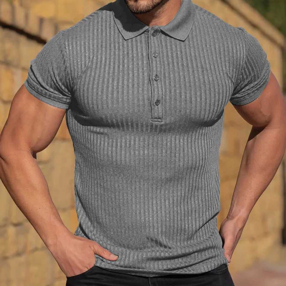 New Summer Mens Pole Solid Color Striped Fitness Short Sleeve Polo Shirt Mens Fashion Stand Collar Mens Shirt TextureXJ240920