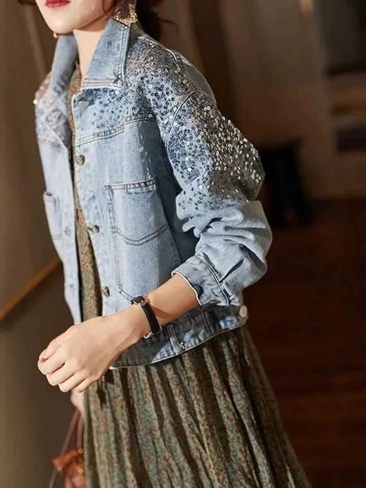 Blue Short Sequin Pocket Denim Jacket Womens Casual Denim Spring Autumn New Loose Fashion Jeans Jacket Women Long Sleeve CoatX240920
