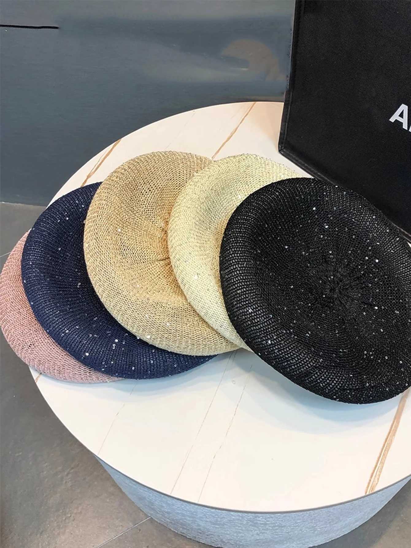 Spring and summer new cut-out sequin berets thin cloud hats adjustable size knitted breathable hundred painter hats womenX240919