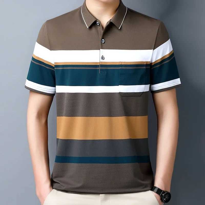 New Mens Color Woven Striped Short Sleeved POLO Shirt Cotton Summer Casual TopX240920