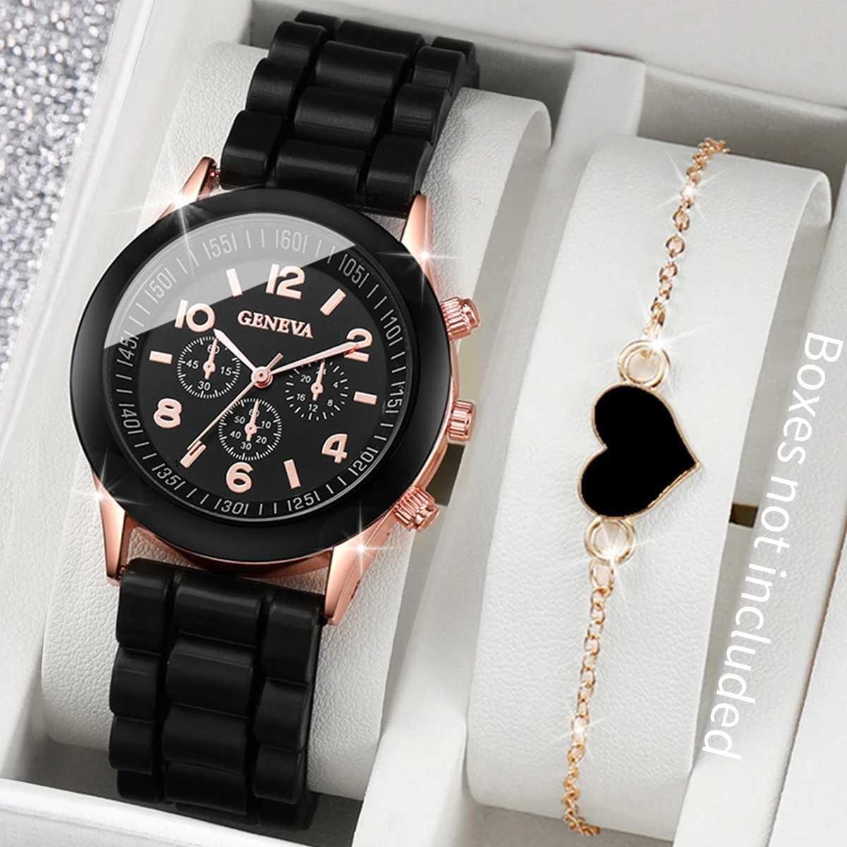 2pcs/set Women Fashion Silicone Band Quartz Watch with Heart-shaped BraceletX240920