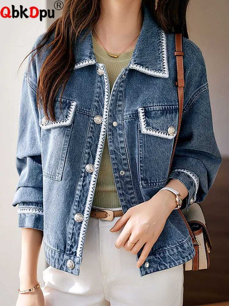 Women Vintage Lapel Loose Denim Jackets Korean Fashion Long Sleeve Jean Coats Spring Fall Casual Single Breasted Abrigos TopsX240920
