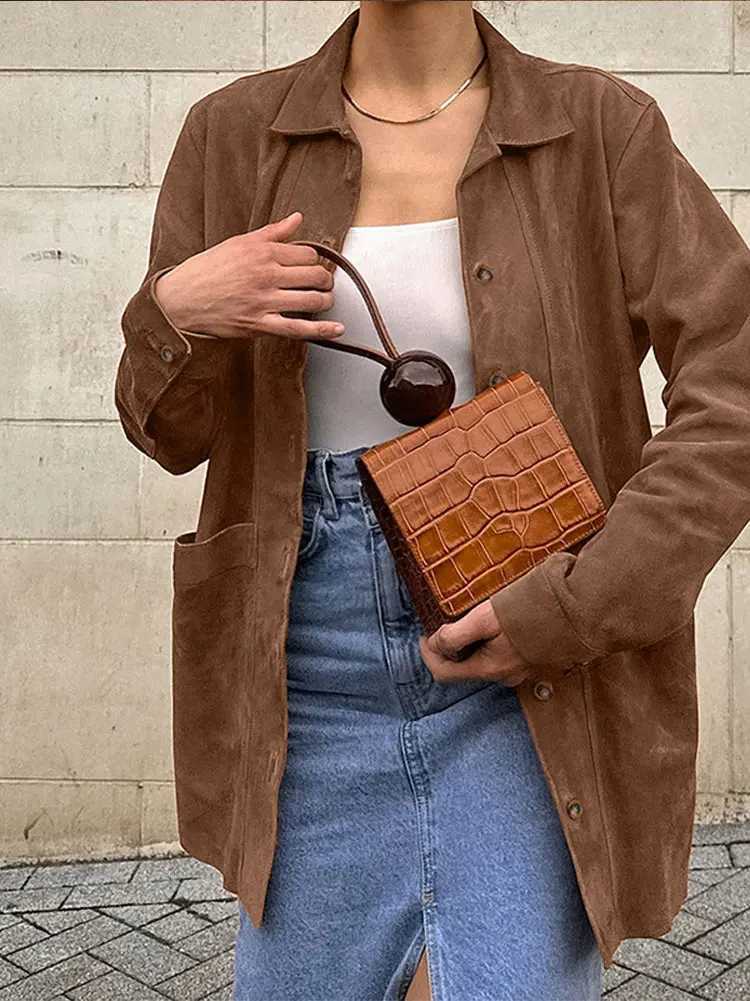 Vintage Suede Womens Jacket Shirt Casual Turndown Collar Women Jackets Coat Solid Color Autumn Fashion Female Jacket BlousesX240919
