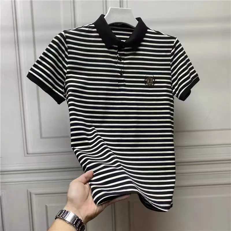 Summer New Oversized Men Embroidered Turn-down Collar Polo Shirts Mens Clothing All-match Striped T-Shirt Fashion Top Tee MaleX240920