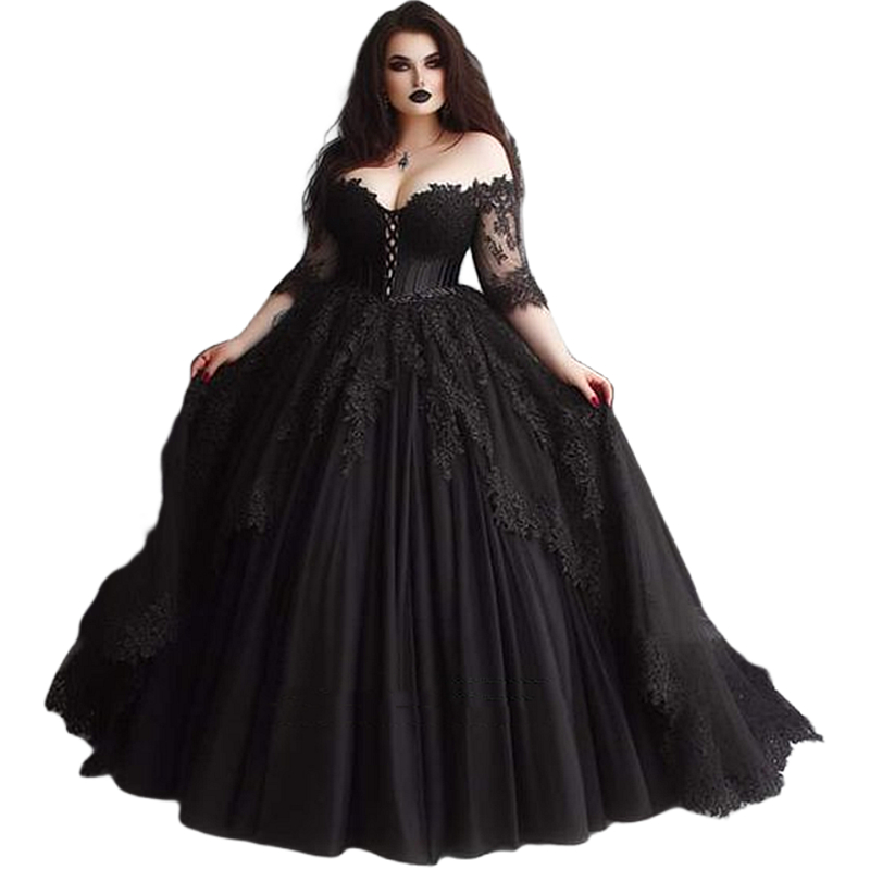 Princess Black Wedding Dresses half Sleeves Off Shoulder Lace Appliques Corset Gothic Bridal Ball Gowns Back Lace-Up Plus Size Bride Dress 2025