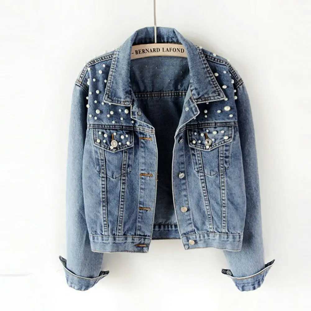 Chic Women Denim Jacket Cool Keep Warm Colorfast Imitation Pearl Easy to Match Women Coat Lady Denim Jacket Beads DecorX240920