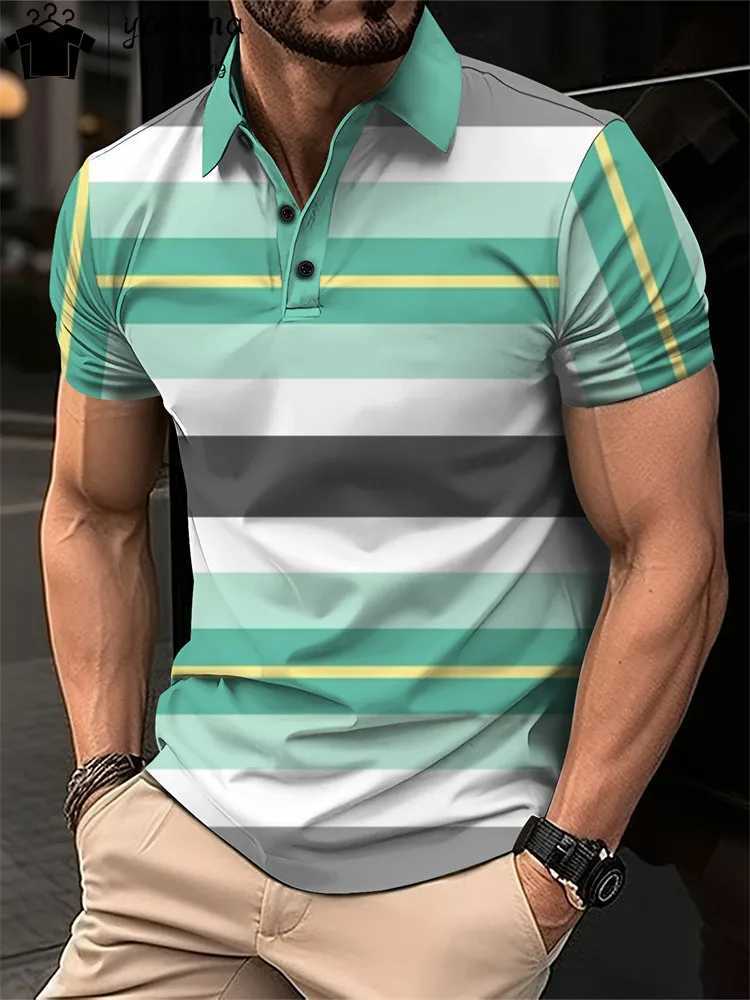 Mens Summer Short Clothes Sleeved Lapel 3d Printed T-Shirt Digital Striped Polo Shirt Mens Business Casual Fashion Top ClothesX240920