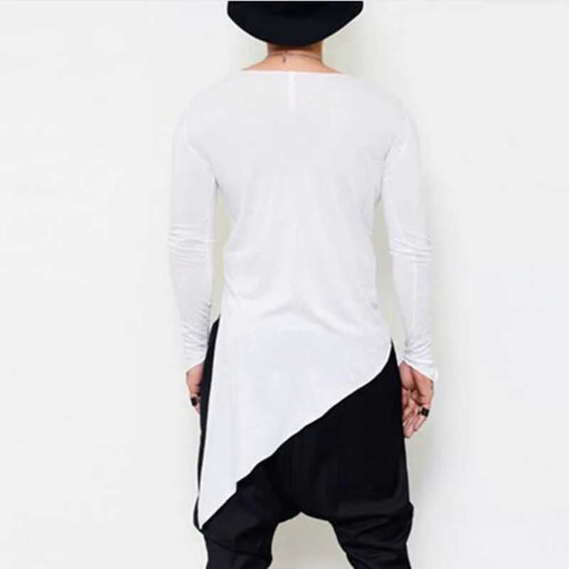 Men asymmetrical design punk hip hop long sleeve t shirt side split long tee shirts mens casual vintage streetwear gothic topsX240919