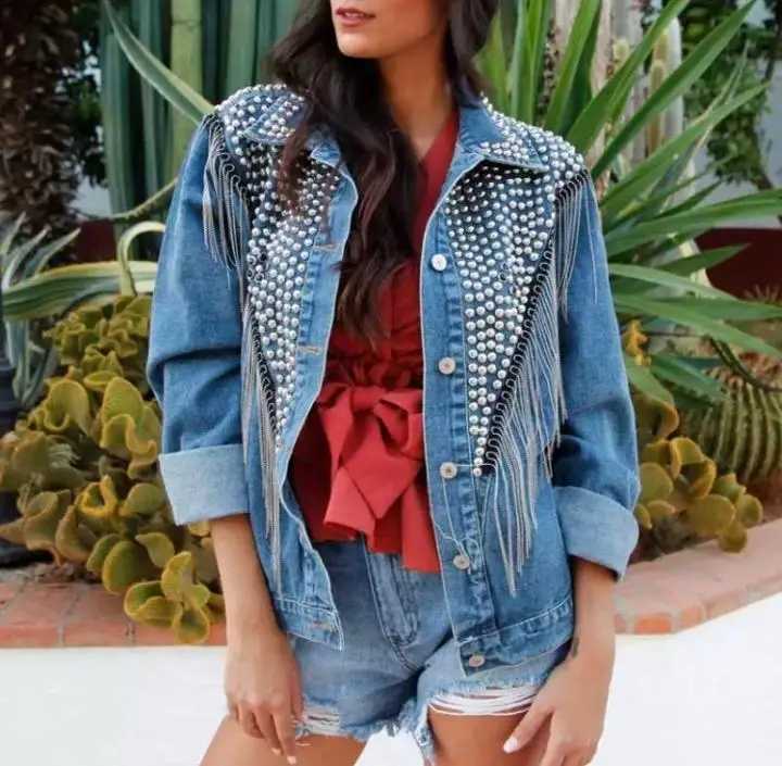 TEELYNN Boho Black Denim jacket For Women Coats Long Sleeve Autumn Loose fringe Jean Jackets 2021 Beaded rivets Casual OutwearX240920