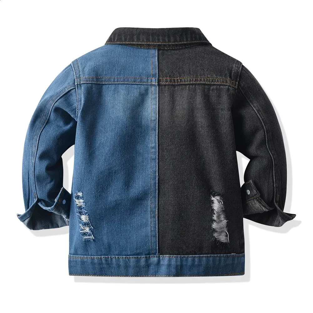 70-140cm childrens casual denim jacket with black and blue patchwork color fashionable street boy jeans jacket with perforated collar 240918