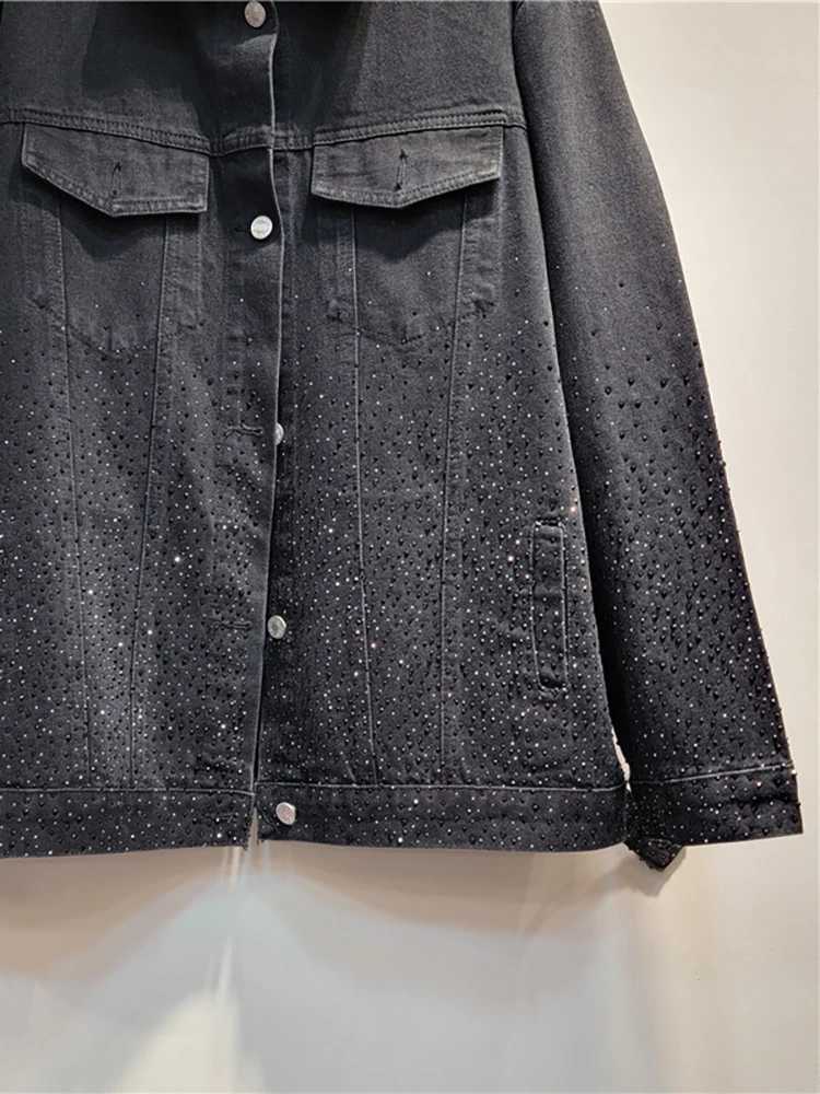 DEAT Women Denim Coat Turn-down Collar Full Diamonds Hot Rhinestone Black Loose Single Breasted Jackets 2024 Autumn New FashionX240920